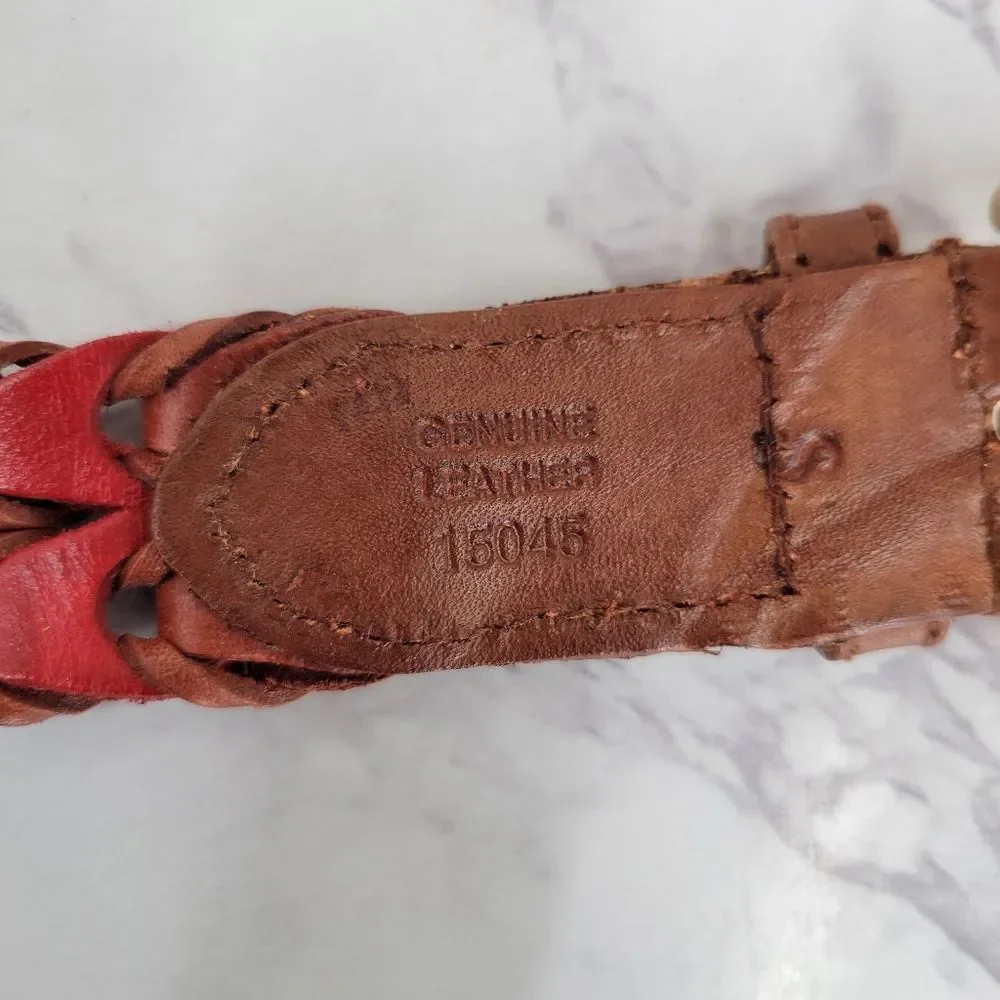 Vintage Woven Multicolor Leather Belt with Gold Tone Buckle